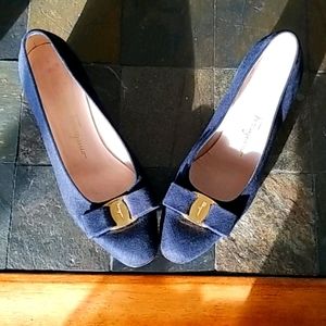 S Ferragamo Navy Canvas Bow Logo 1" Heel